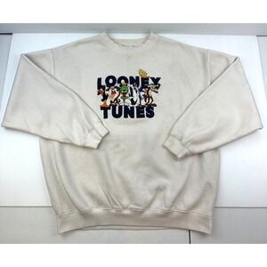 Vintage 90s Warner Bros Sweatshirt Adult Medium Beige Pullover Looney Tunes Cast